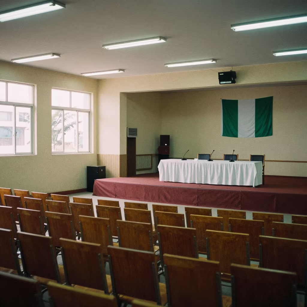 Civic Forum Stage in Abuja Town Hall Light in in a fluorescent town hall meeting room near Abuja