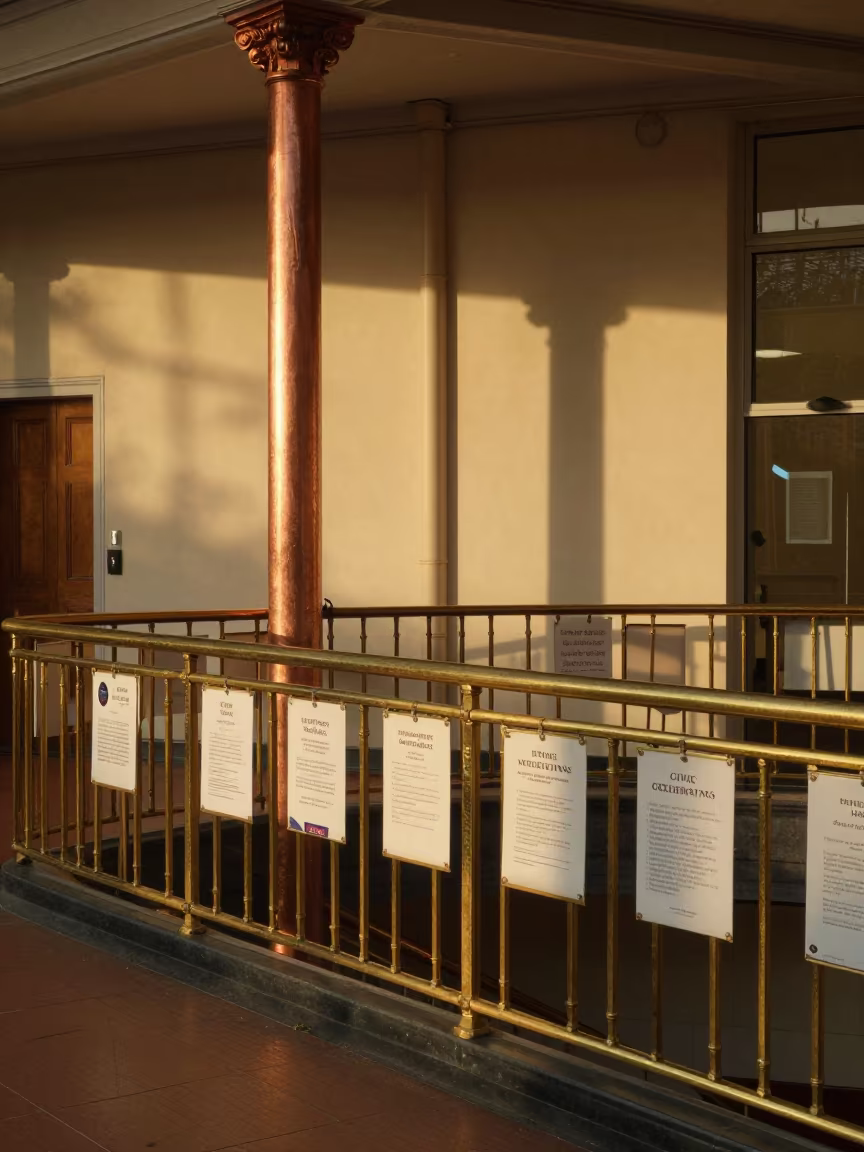 Civic Meeting Notices on Town Hall Rail in in a community center hall in Cardiff