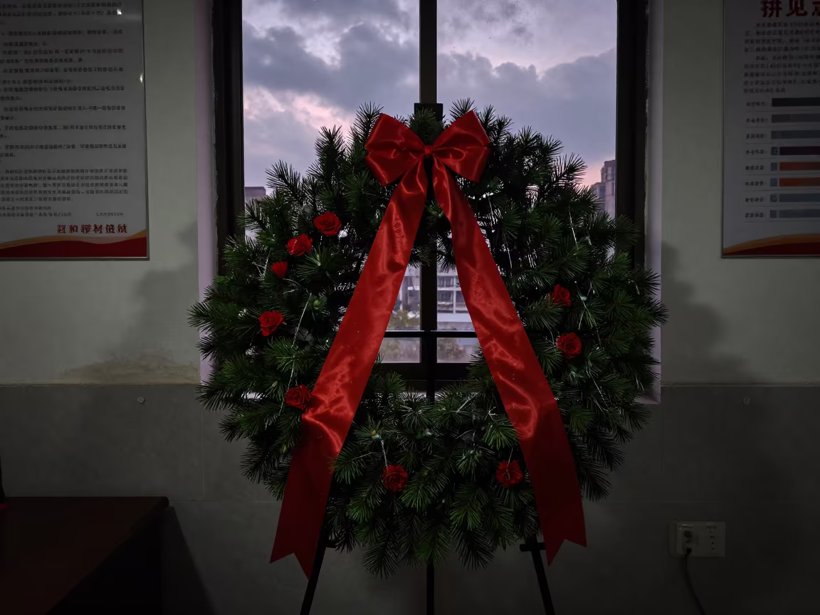 Civic Memorial Wreath in Chongqing Office Dusk in inside a campaign office in Chongqing