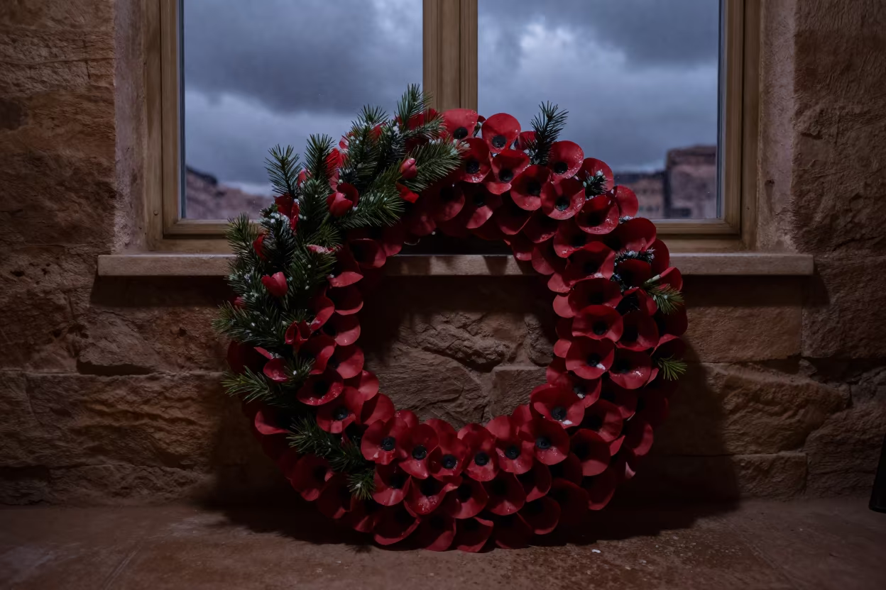 Civic Memorial Wreath Darkening in Sleet at Dusk in inside a campaign office near Petra