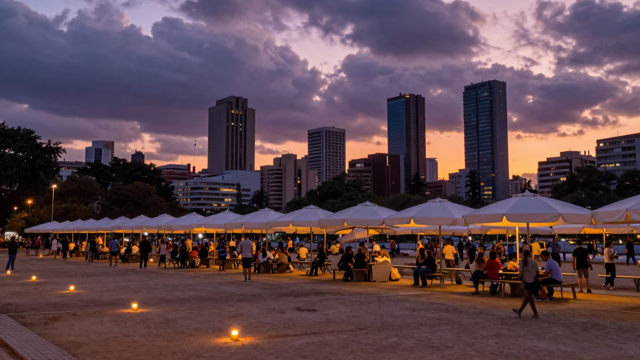 Civic Plaza Vigil Under Dramatic Sunset Clouds in in a public square near Parque Rodo, Montevideo
