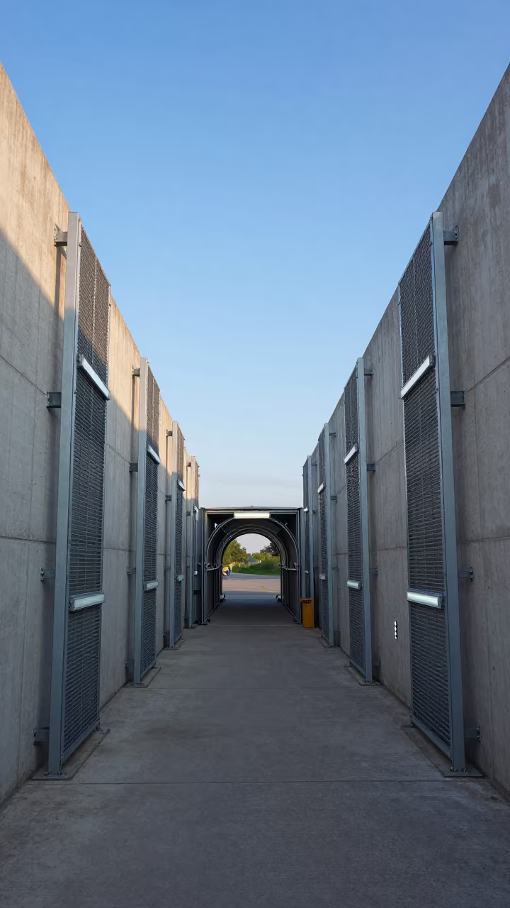 Civic Tunnel Cable Trays Dawn Light Belarus in beside a storm surge barrier in Belarus