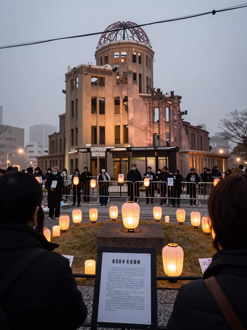 Civic vigil candles under fog near Hiroshima polling station in outside a polling station entrance near Hiroshima