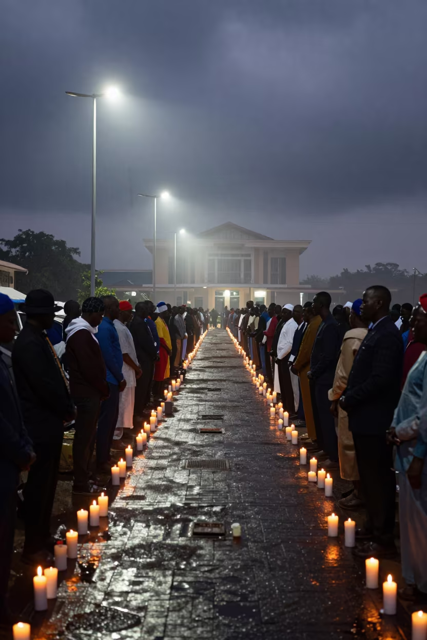 Civic Vigil Candles Under Fog in Owo in beneath government building floodlights in Owo