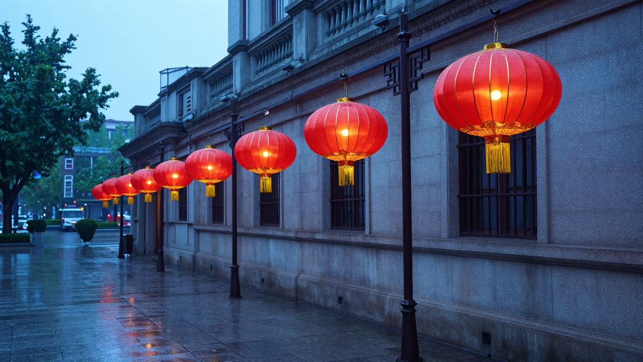 Civic Vigil Lanterns Glow in Shanghai Sleet in in a public square near Jing'an, Shanghai