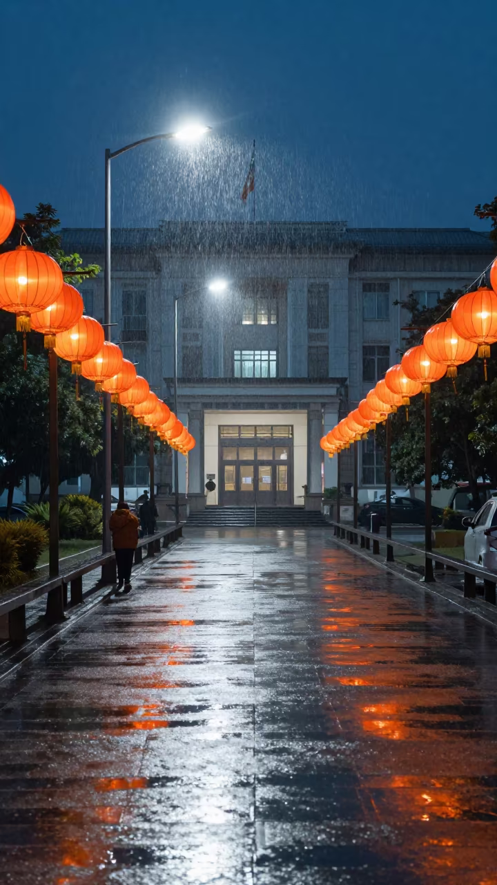 Civic Vigil Lanterns Glow in Kaohsiung Sleet in beneath government building floodlights in Kaohsiung