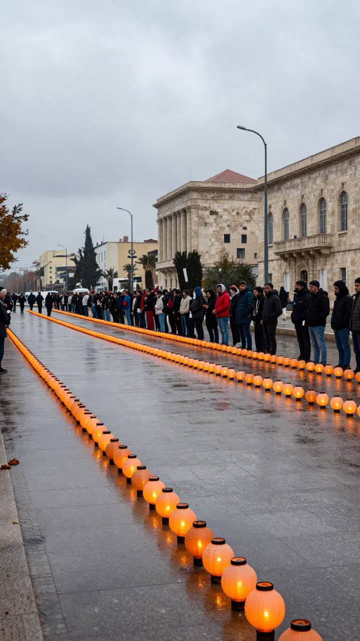 Civic Vigil Lanterns Through Sleet Near Algiers in along barricaded protest routes near Algiers