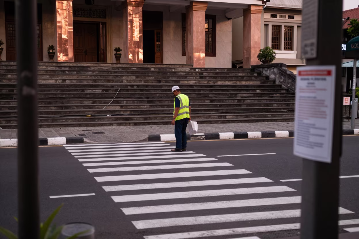 Civic Worker Repainting Crosswalk at Lombok City Hall in on the steps of city hall in Lombok