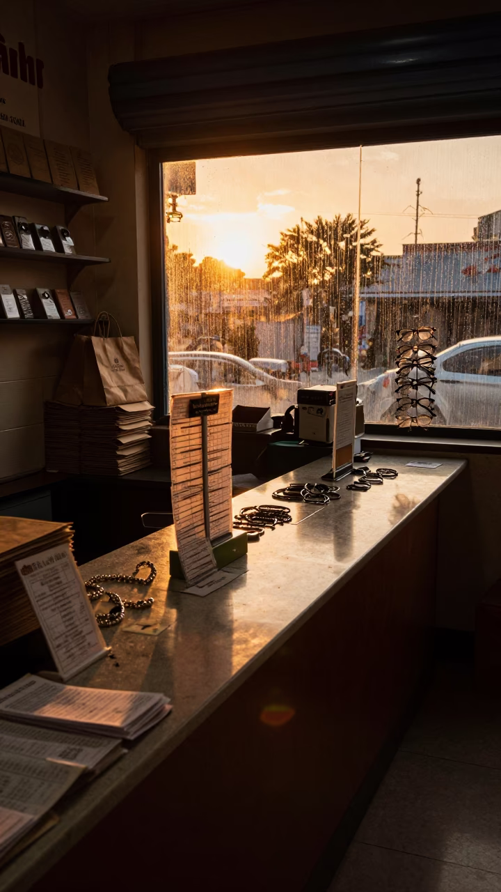 Claim Ticket Stand in Amber Evening Light in at a cash wrap counter with bags stacked nearby near Nadiad