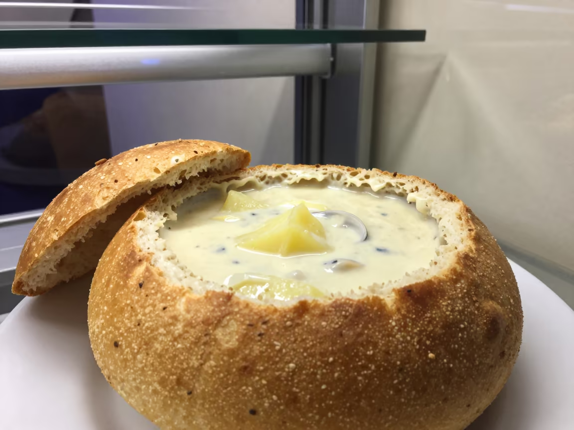 Clam Chowder Bread Bowl Bakery Astana in in a bakery display case in Astana