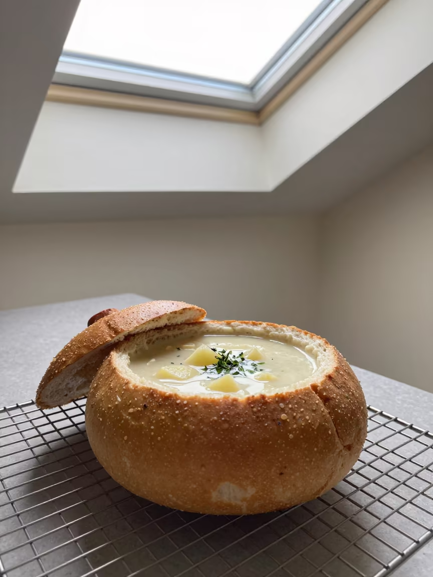 Clam Chowder Bread Bowl on Bakery Rack in on a bakery cooling rack in Thủ Đức