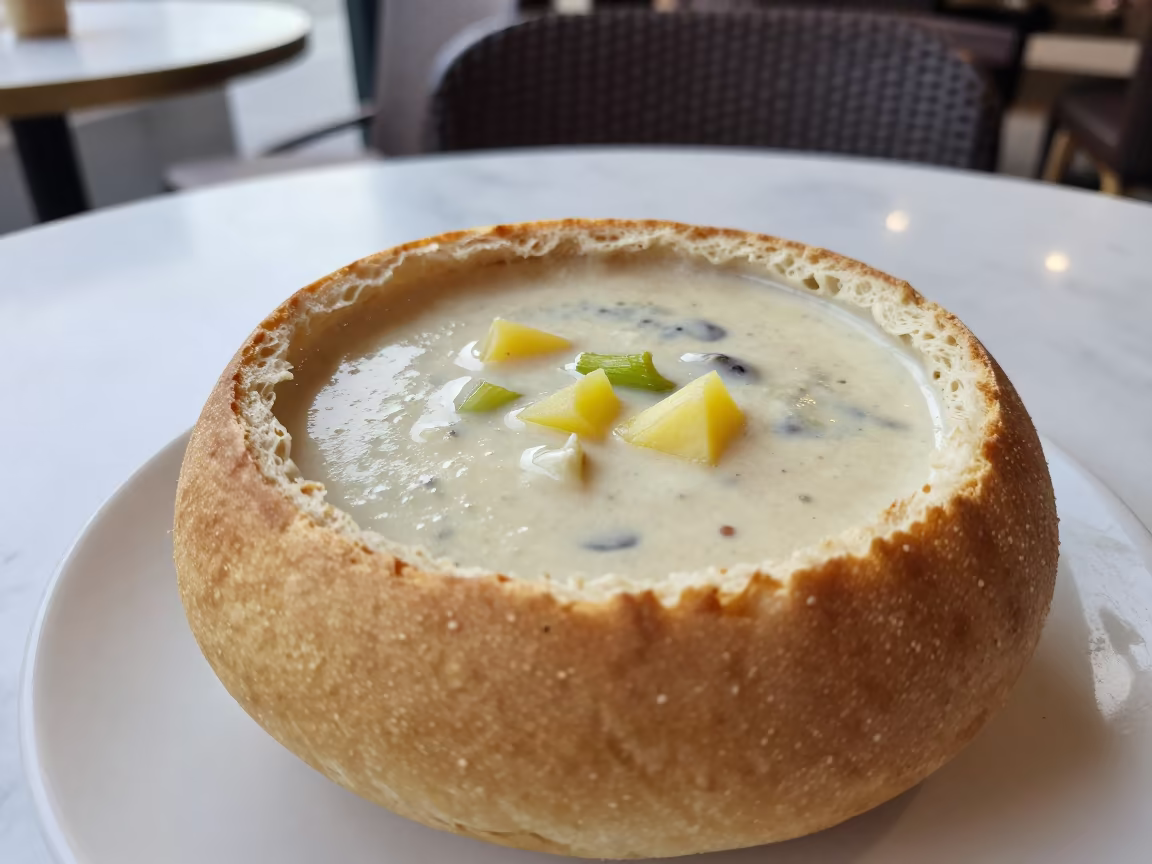 Creamy Clam Chowder in Bread Bowl in on a marble cafe table in Jeddah