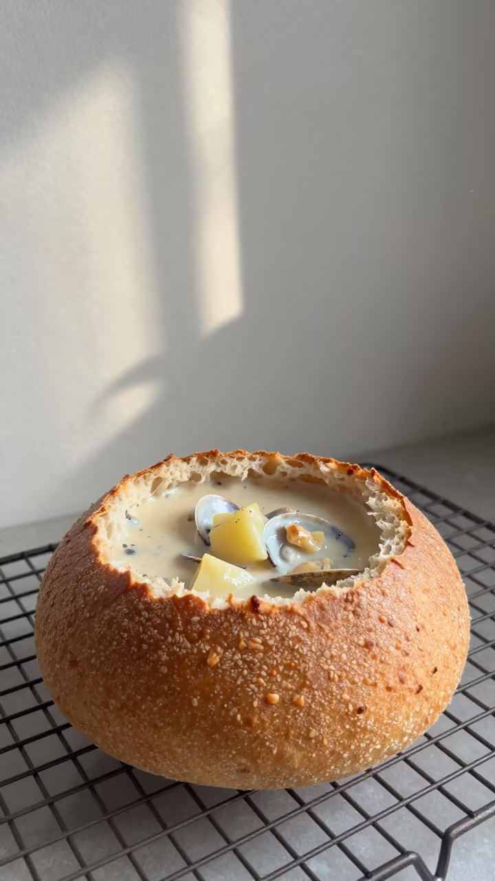 Clam Chowder Bread Bowl Kinshasa Bakery Dawn in on a bakery cooling rack in Kinshasa