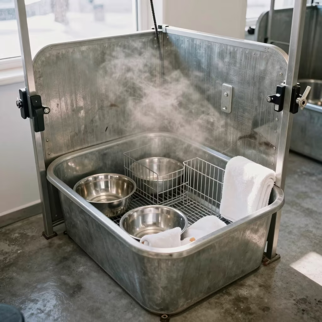 Clamp Bin at Dog Wash Station Winter Afternoon in at a self-serve dog wash station near Körfez