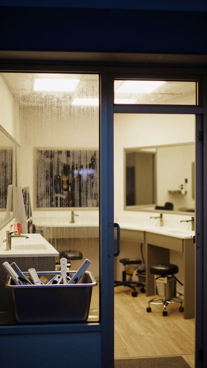 Clamp Bin Before Pet Reunions in Grooming Bay in inside a grooming bay in Cali