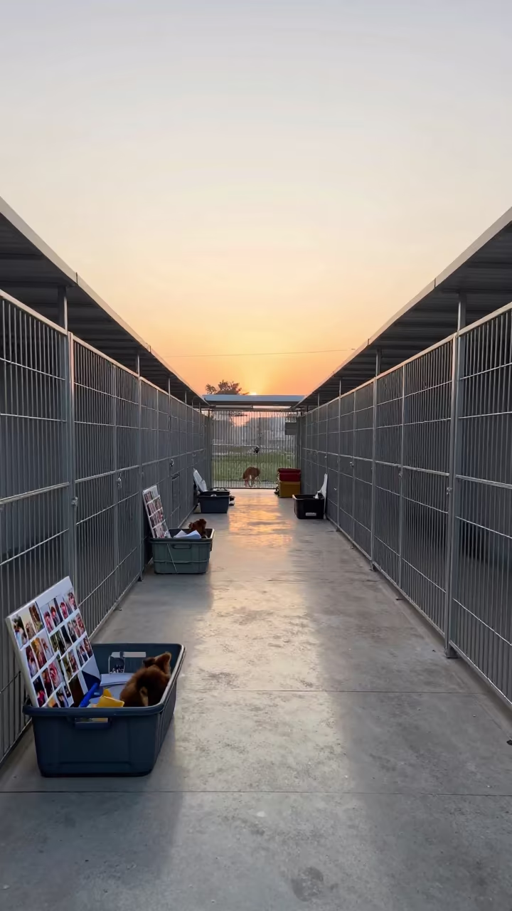 Clamp Bin Reunion Backdrop Golden Hour Kennel in in a boarding kennel corridor near Vinh