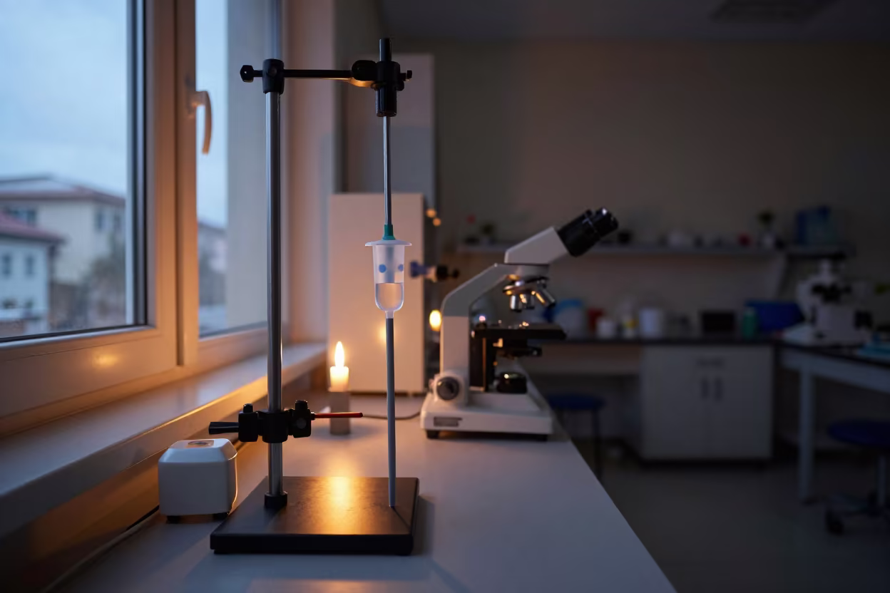 Clamped Infusion Pump in Winter Lab Antalya in at a microscopy bench near Antalya