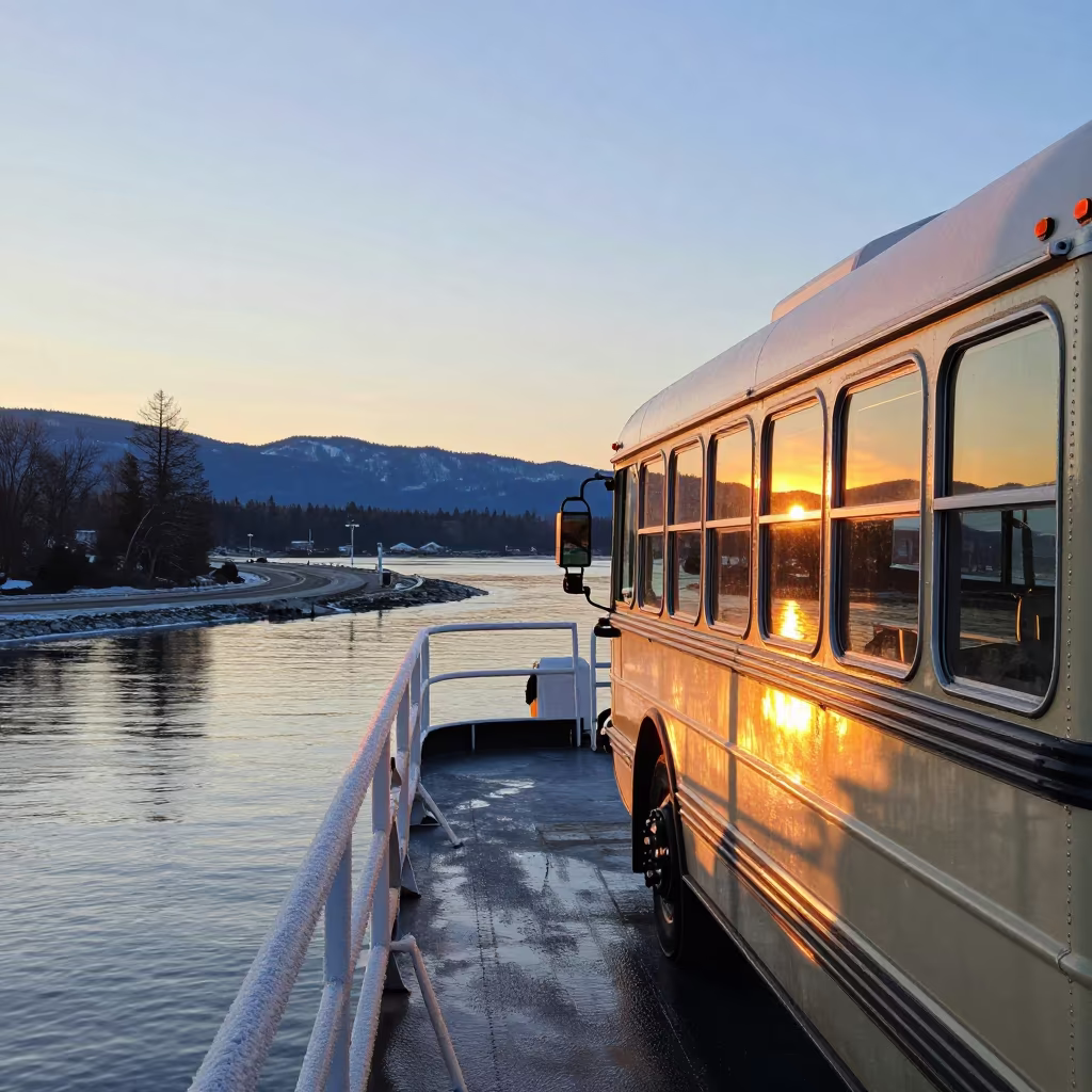 Classic Bus Ferry Golden Hour Winter Vancouver in across a remote ferry crossing near Vancouver