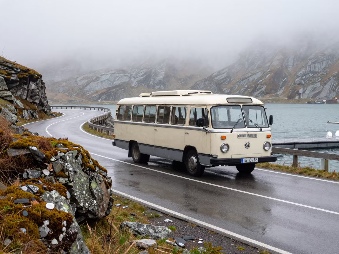 Classic Bus on Foggy Zermatt Highway in beside a fogbound harbor mouth near Zermatt