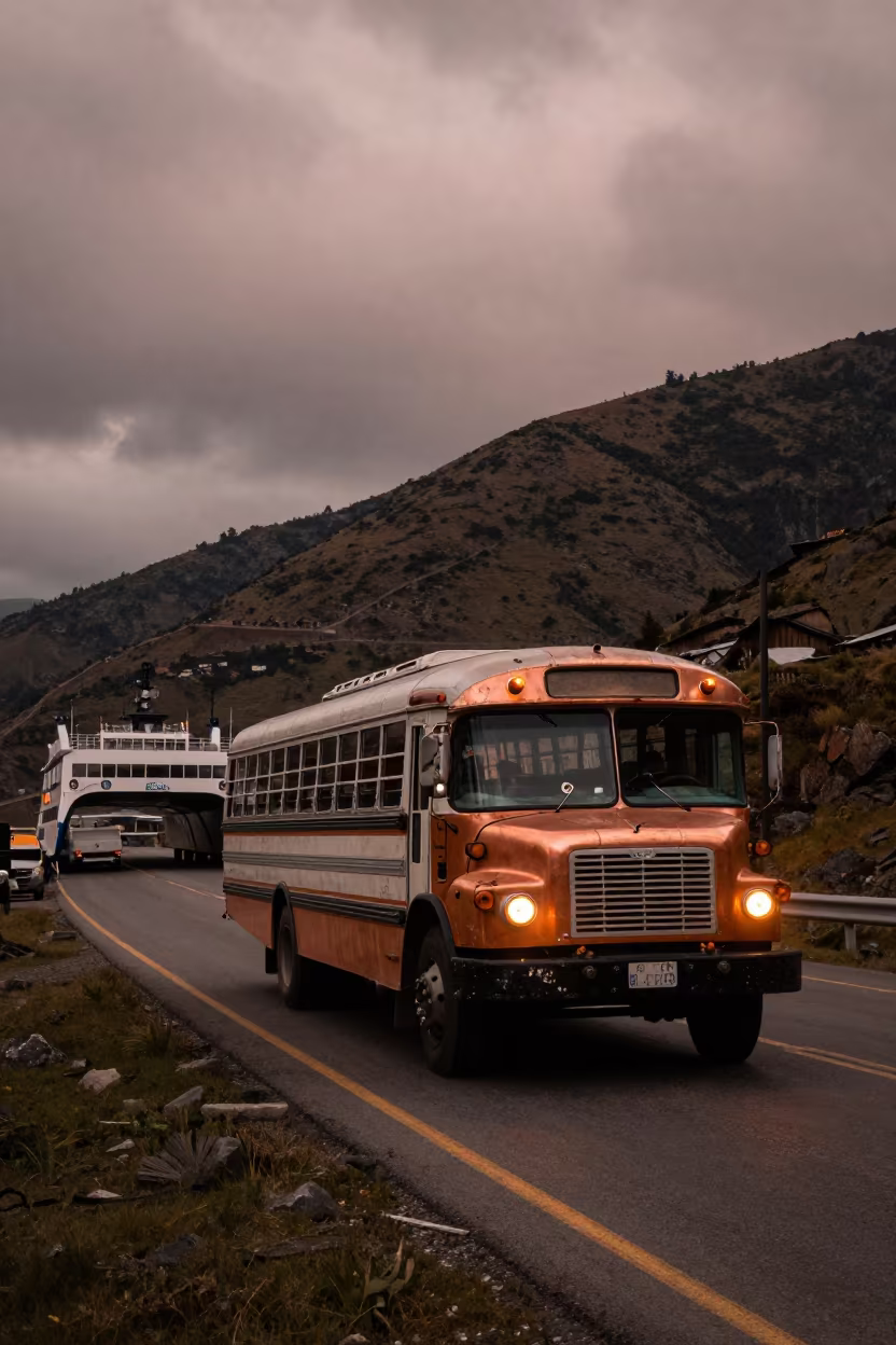 Classic Bus on Winding Highway Near Quito Ferry in across a remote ferry crossing near Quito
