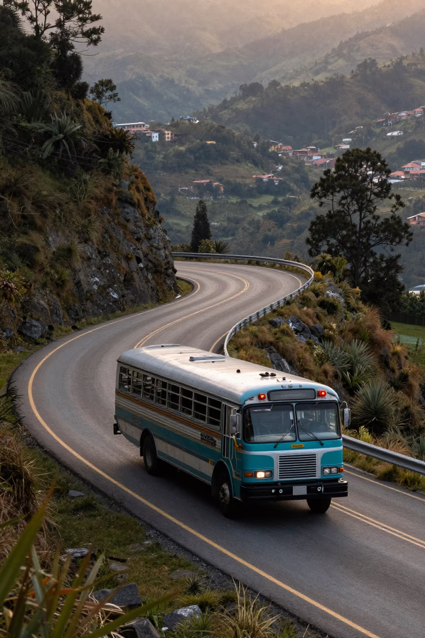 Classic Bus Winding Mountain Highway First Light Dawn Medellin Colombia in in Medellin, Colombia