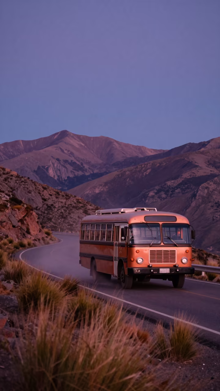 Classic Bus on Windy Mountain Causeway at Dusk in on a wind-open causeway near El Alto, La Paz