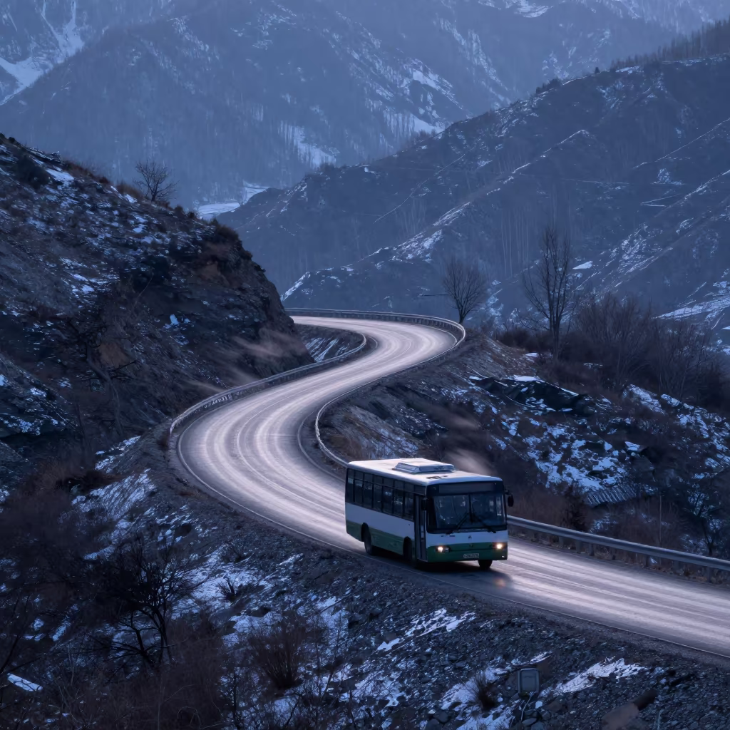 Classic Bus on Winter Causeway Near Almaty in on a wind-open causeway near Almaty