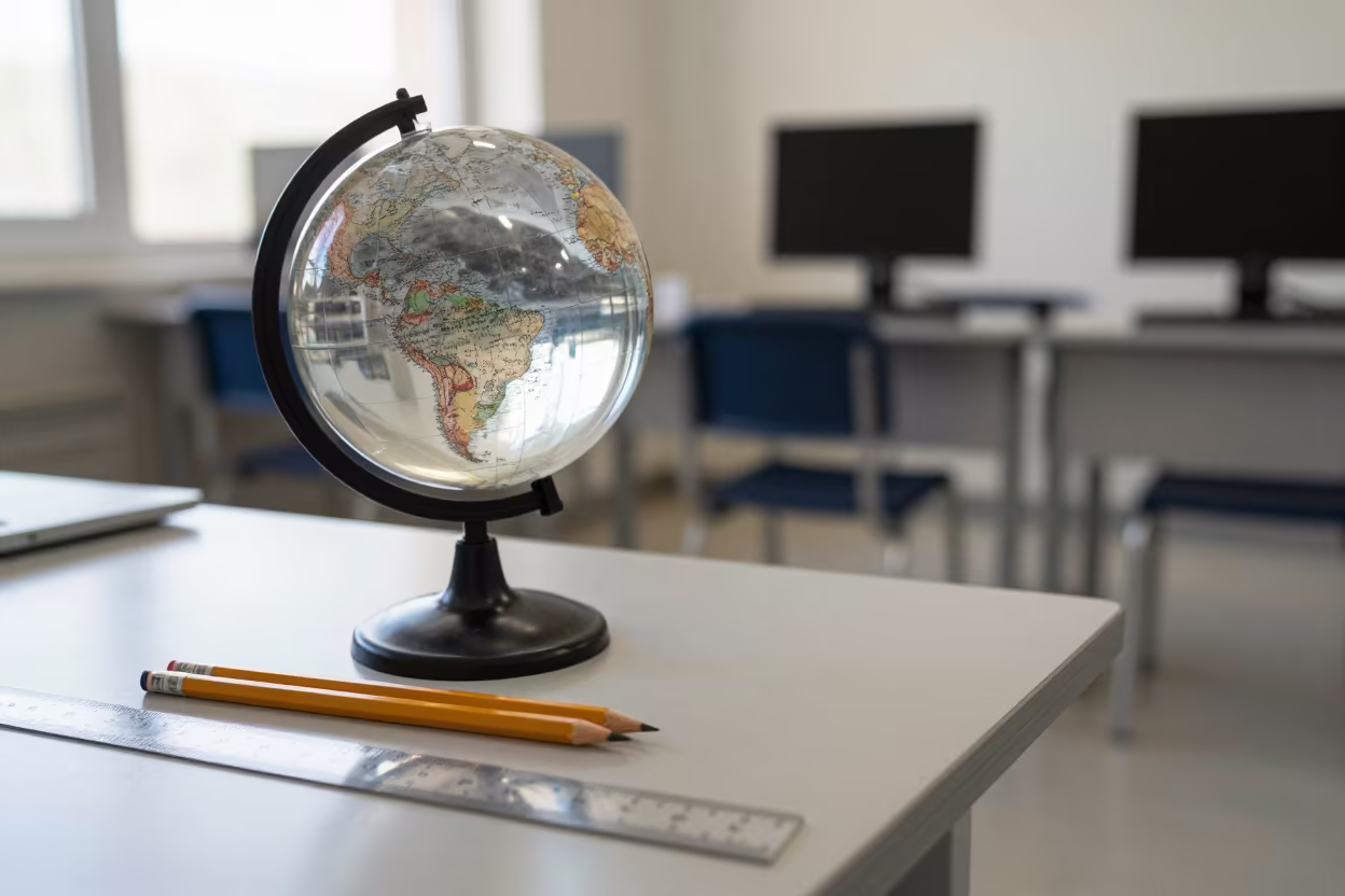 Classroom Globe and Pencils in Abu Kabir Lab in in a computer lab before lessons near Abu Kabir