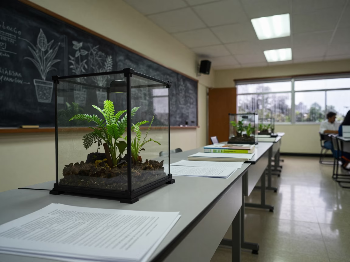 Classroom terrarium under plant sketches in at a seminar table covered in notes in Santo Domingo