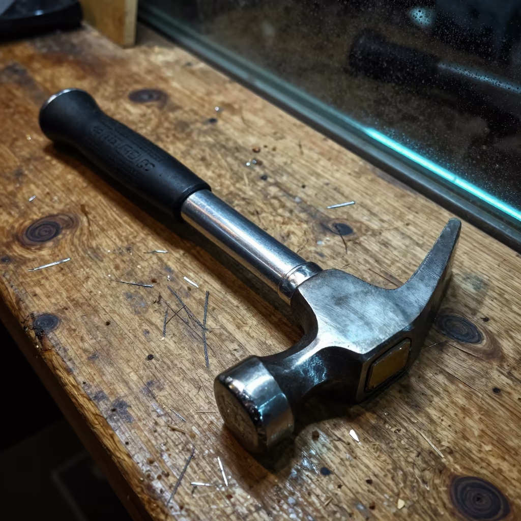 Claw Hammer on Scarred Workbench in on a workshop shelf near Isparta