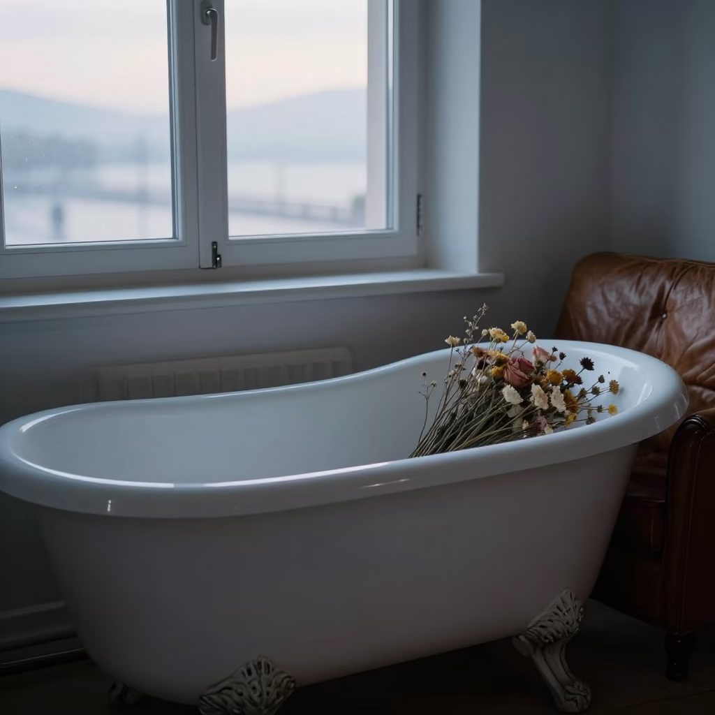 Clawfoot Tub and Dried Flowers in Geneva in on a worn leather armchair in Geneva