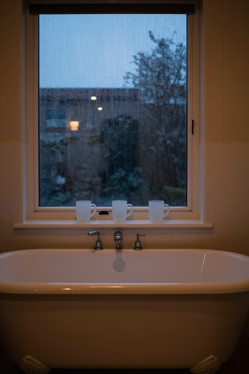 Clawfoot Tub Dusk Saint Louis Rain Window in beside a rain-streaked window in Saint-Louis