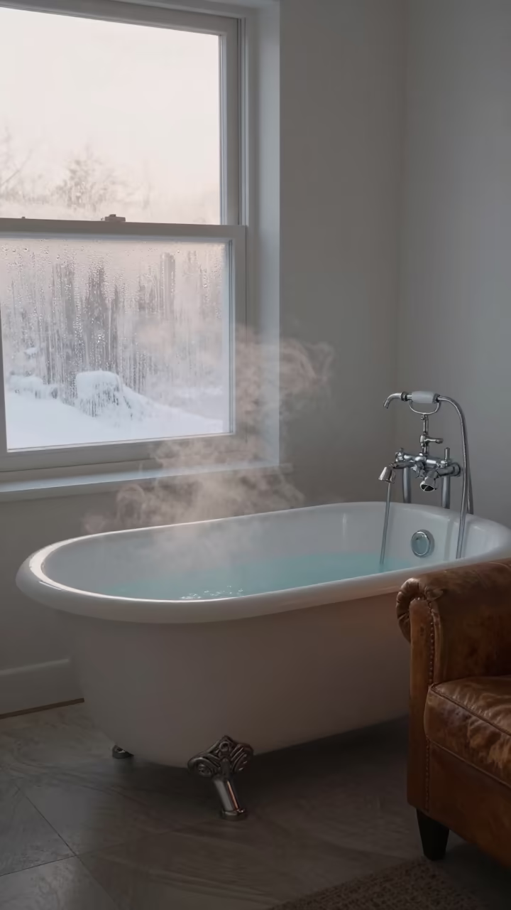 Clawfoot Tub and Steam in Dawn Light in on a worn leather armchair near Porto Alegre