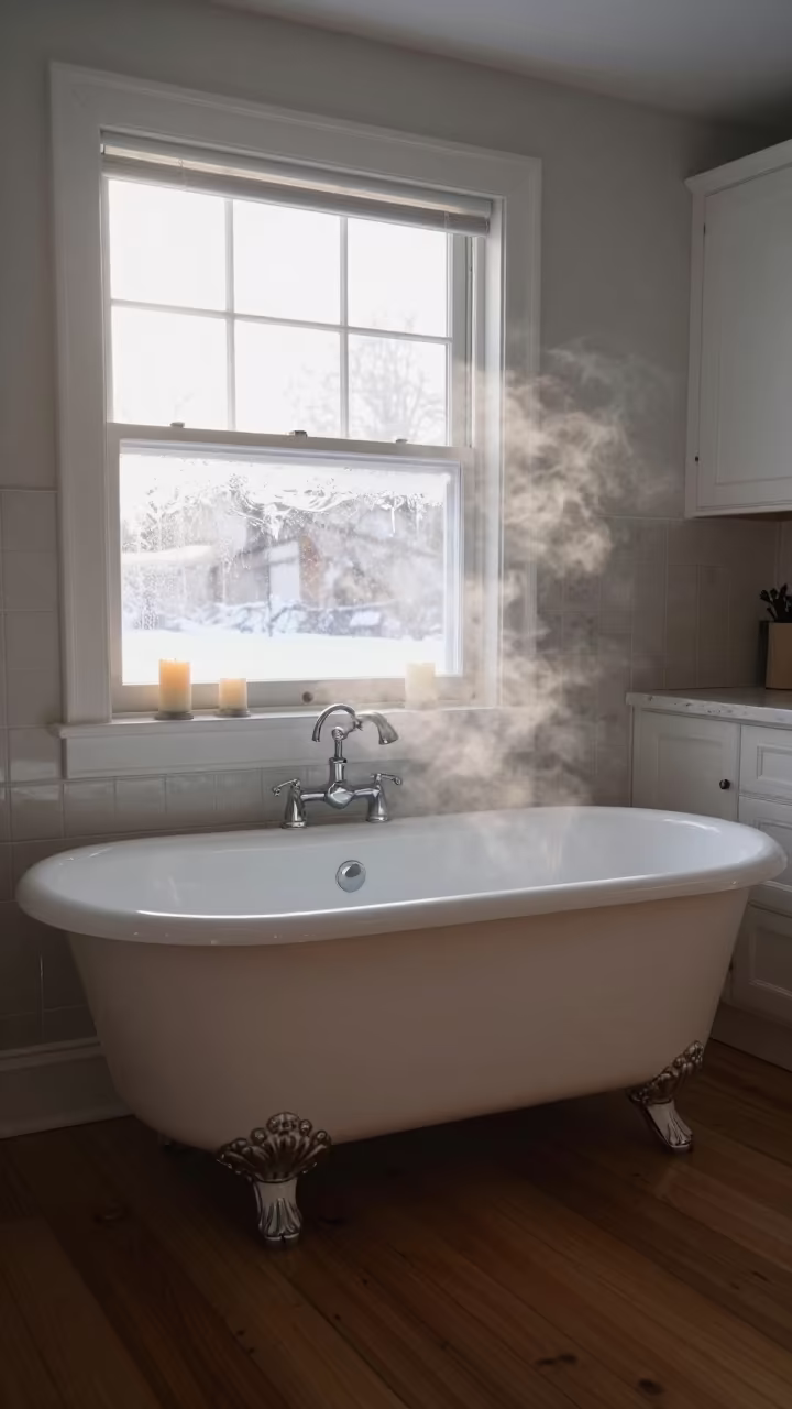 Clawfoot Tub in Winter Kitchen with Candlelight in in a cozy kitchen in Brantford