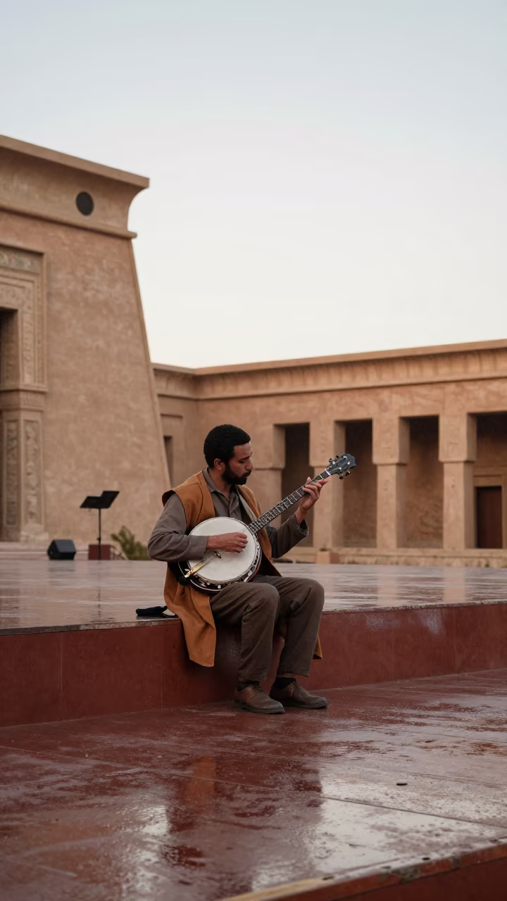 Clawhammer Banjo on Faiyum Theater Stage After Rain in on a theater stage in Faiyum
