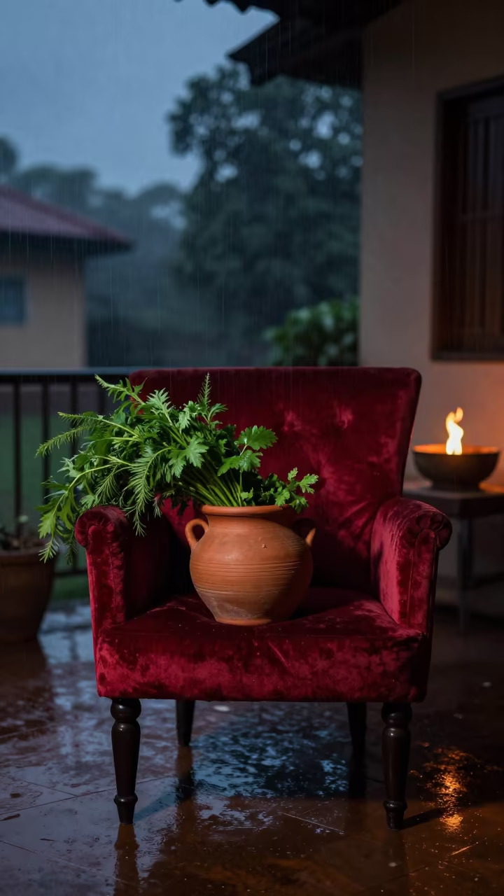 Clay Herb Pot on Velvet Chair Before Dawn in on a velvet chair in Bouake
