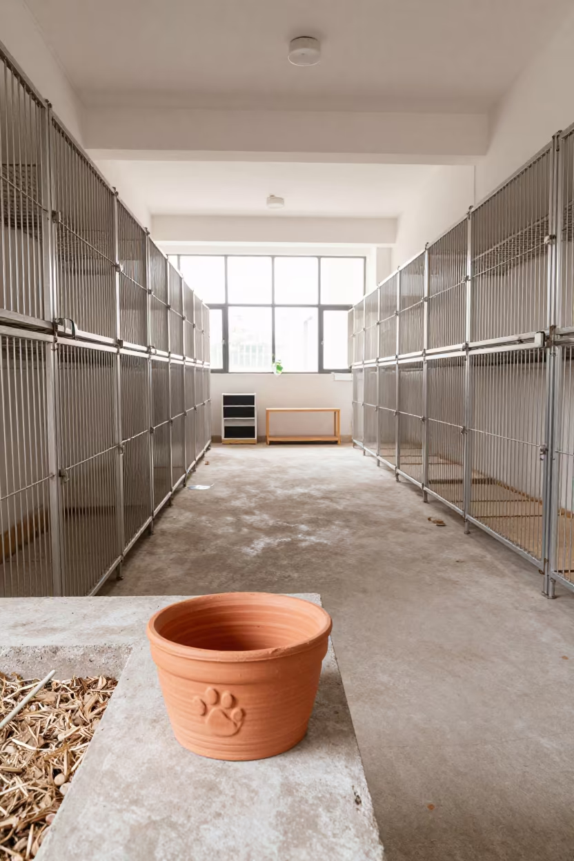 Clay Paw Print Memorial Bin in Nanning Kennel in in a boarding kennel corridor near Nanning
