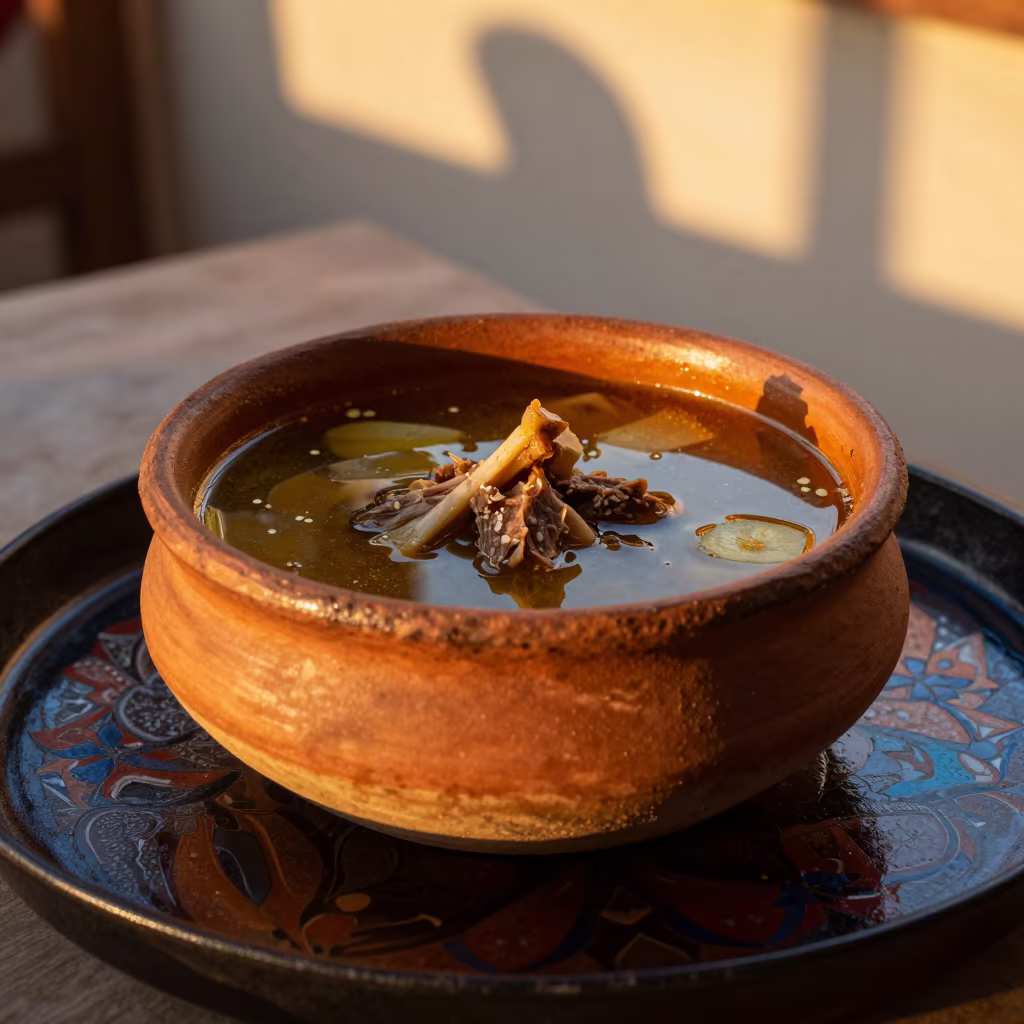Clay Pot of Azerbaijani Piti Lamb Soup in on a lacquered tray in Santiago