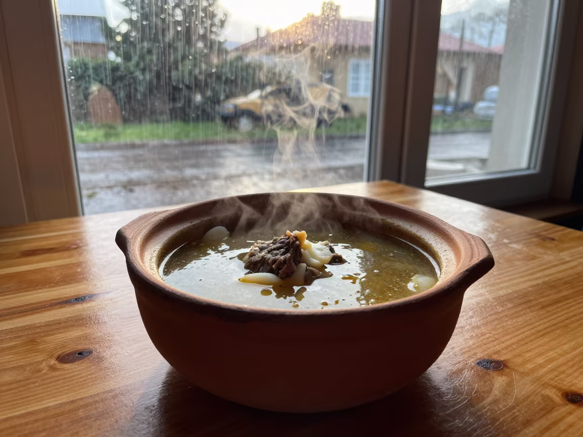 Clay Pot Azerbaijani Piti Soup Monsoon Window in on a small dining table by a window in Mangalore