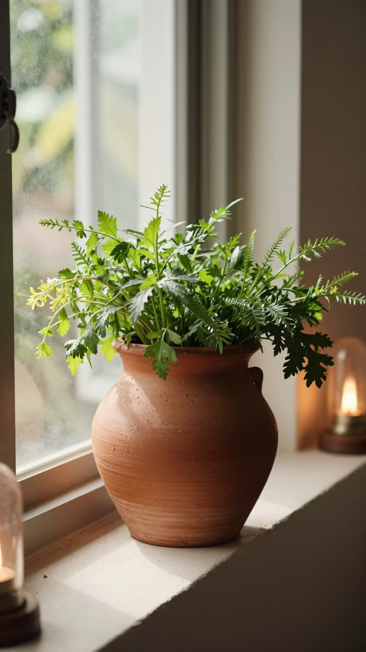 Clay Pot Herbs Kumba Midmorning Light in on a painted display ledge in Kumba