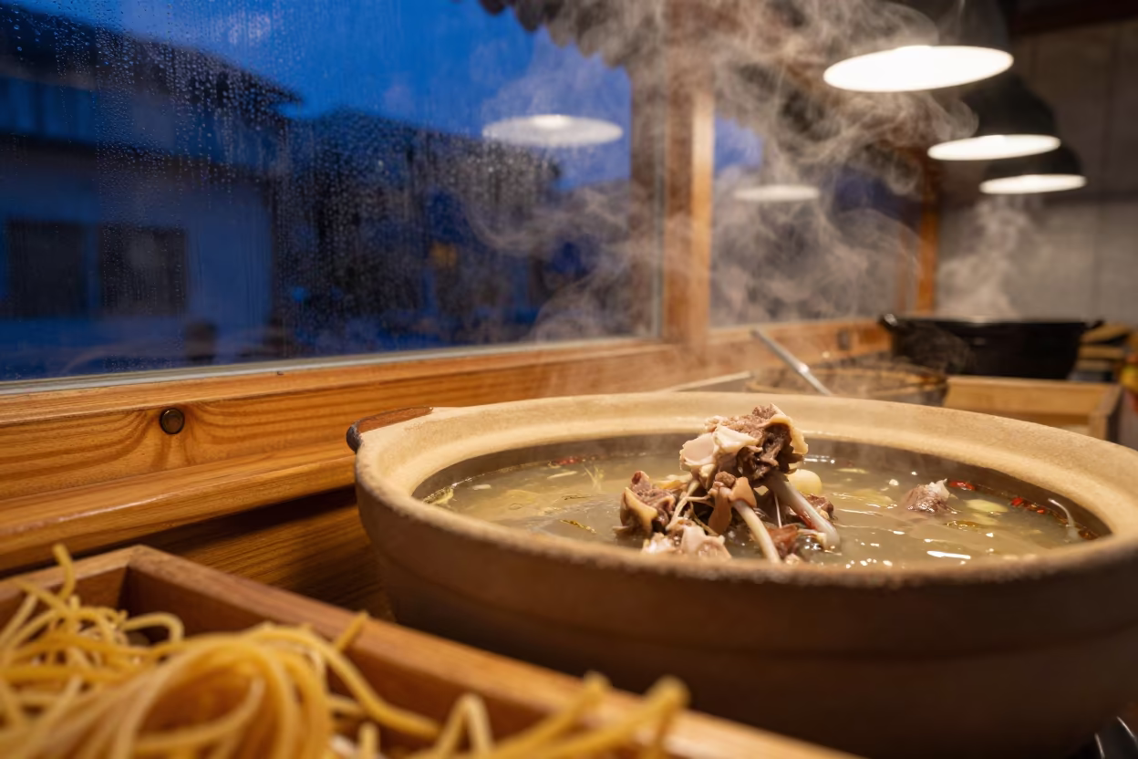 Clay Pot Lamb Soup Blue Hour Noodle Counter in at a noodle counter in Nablus