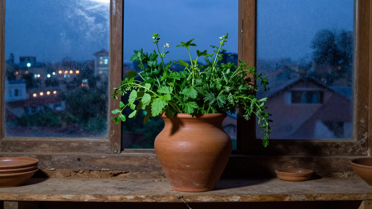 Clay Pot Overflowing with Fresh Herbs in Twilight in on a workshop shelf in Kahama
