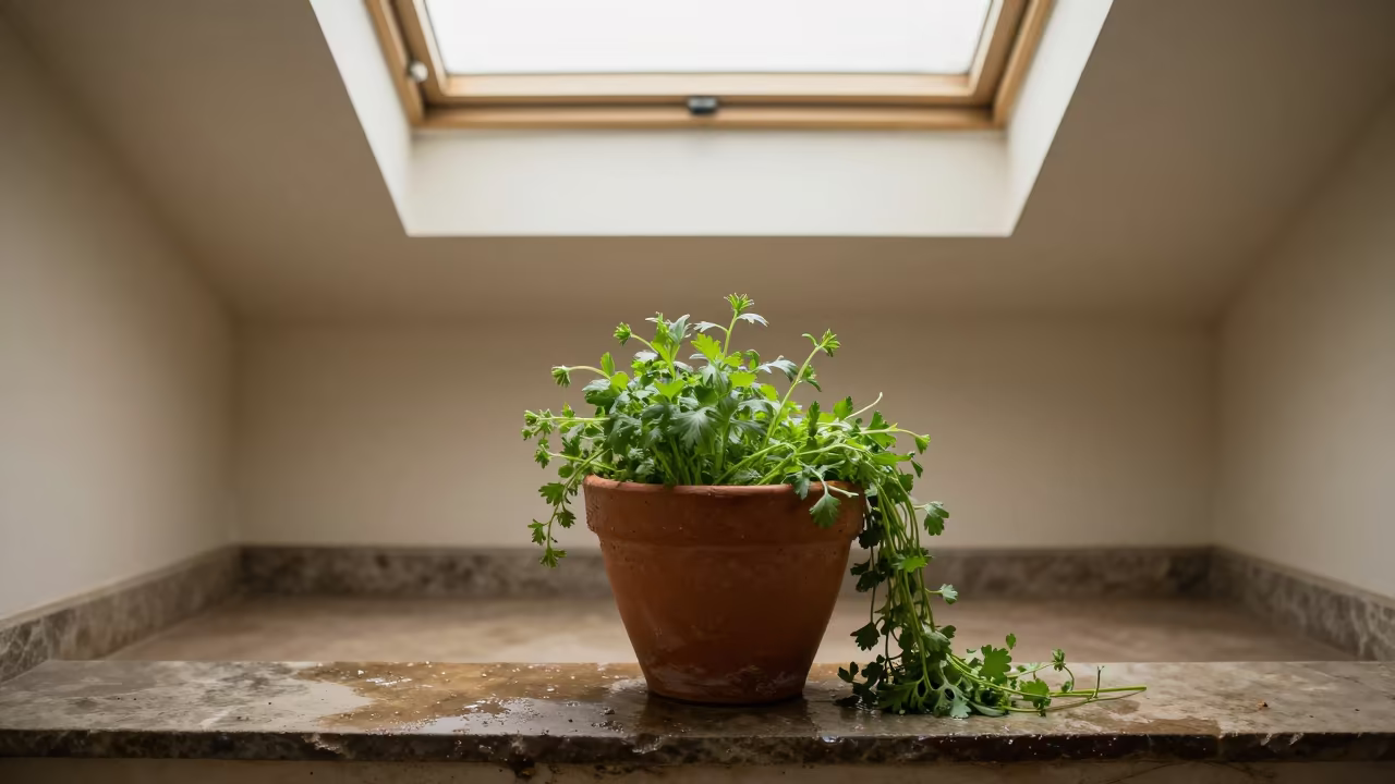 Clay Pot Overflowing with Kitchen Herbs on Stone Ledge in on a stone ledge near Denpasar