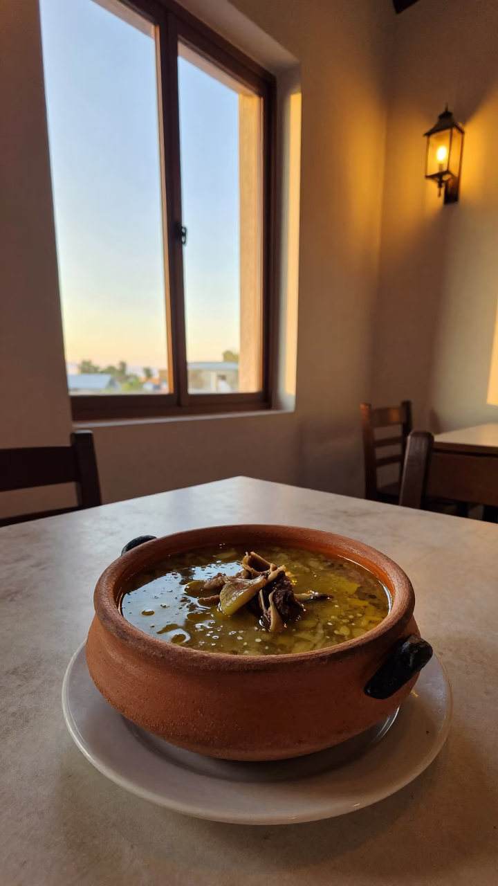 Clay Pot Piti Lamb Soup Tijuana Evening in on a small dining table by a window in Tijuana