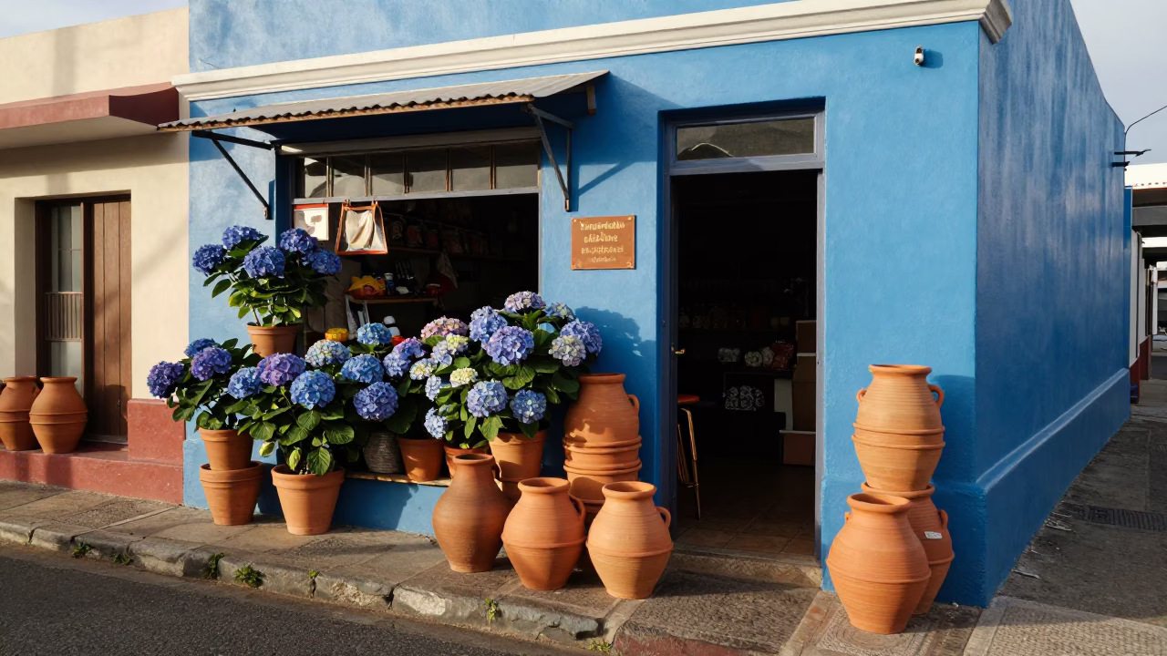 Clay Pots And Hydrangeas at Late Afternoon Light in Cape Town in in Cape Town, South Africa