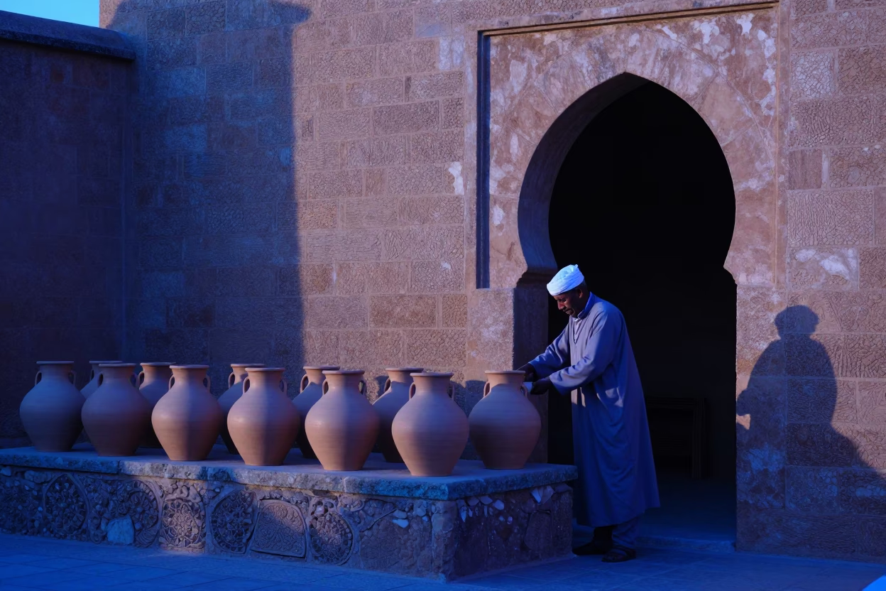 Clay Pots in Essaouira at Sunrise Light in in Essaouira, Morocco
