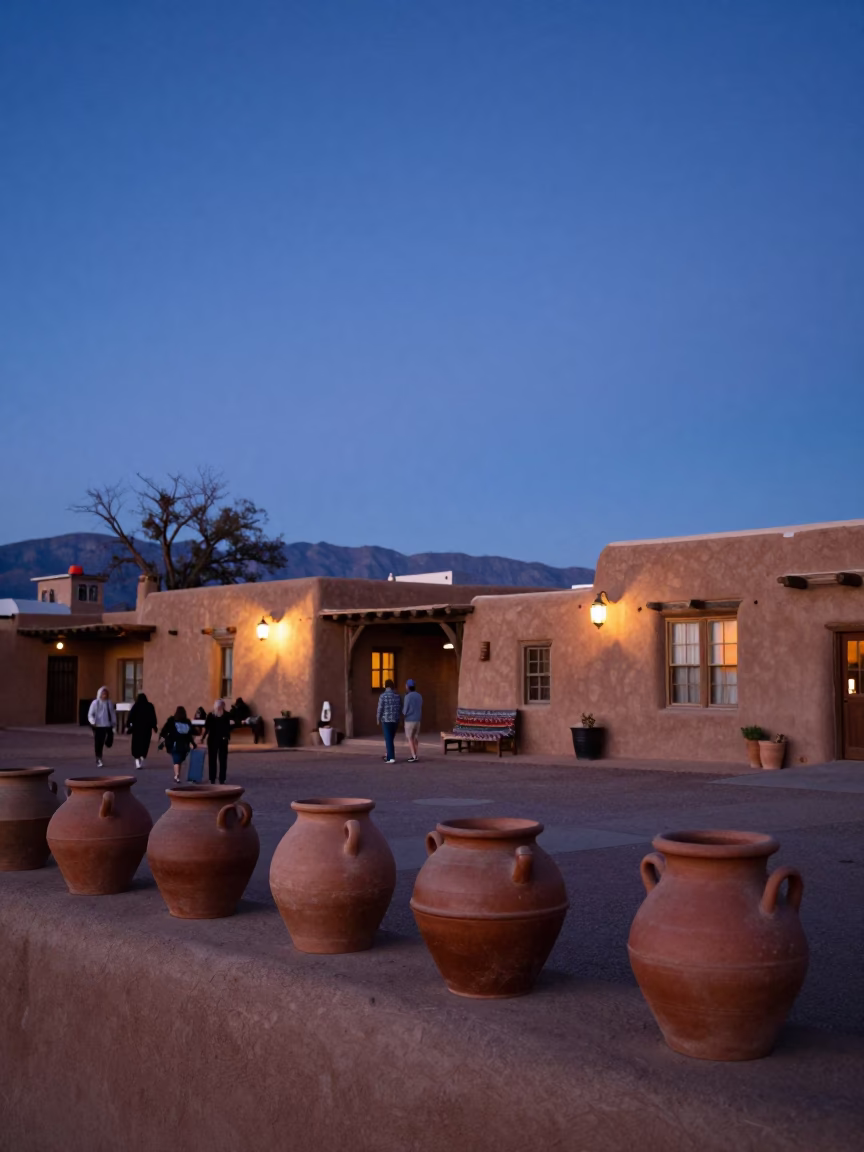 Clay Pots in Santa Fe at Indigo Twilight After Sunset in in Santa Fe, New Mexico, United States