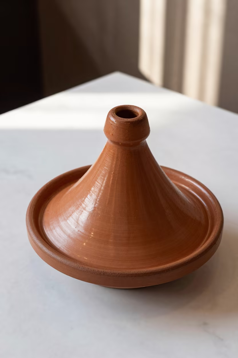 Clay Tagine with Conical Lid on Marble Table in on a marble cafe table in Kingston upon Hull