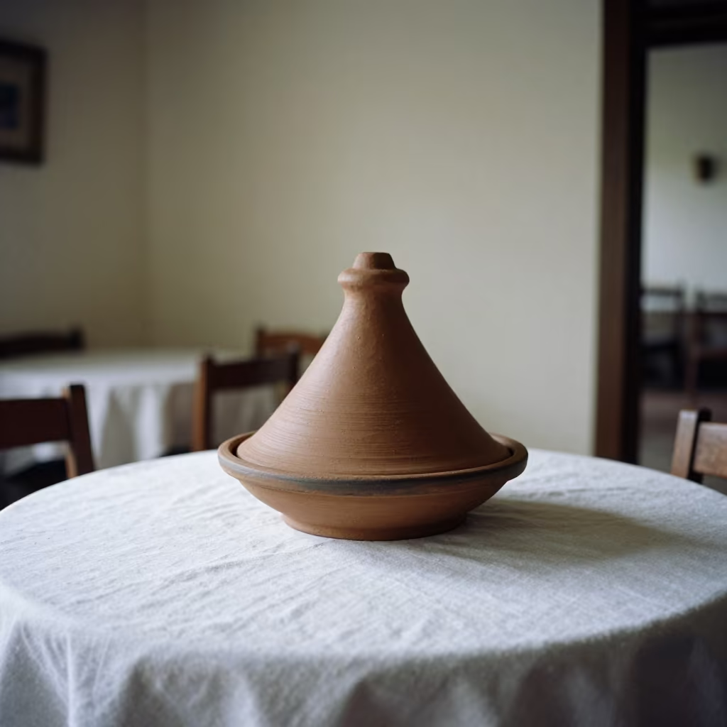 Clay Tagine on Linen Restaurant Table in on a linen-covered restaurant table in Quito