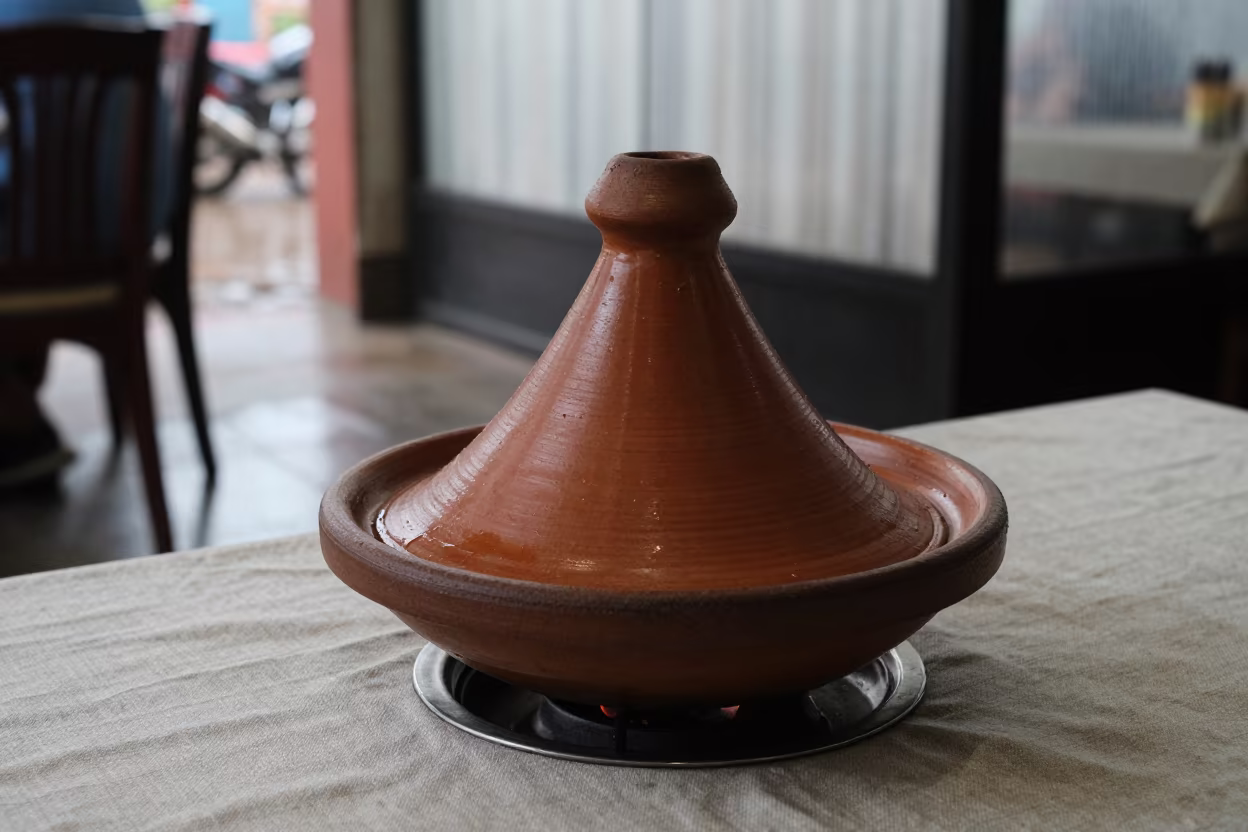 Clay Tagine on Linen Table in Pune in on a linen-covered restaurant table in Pune